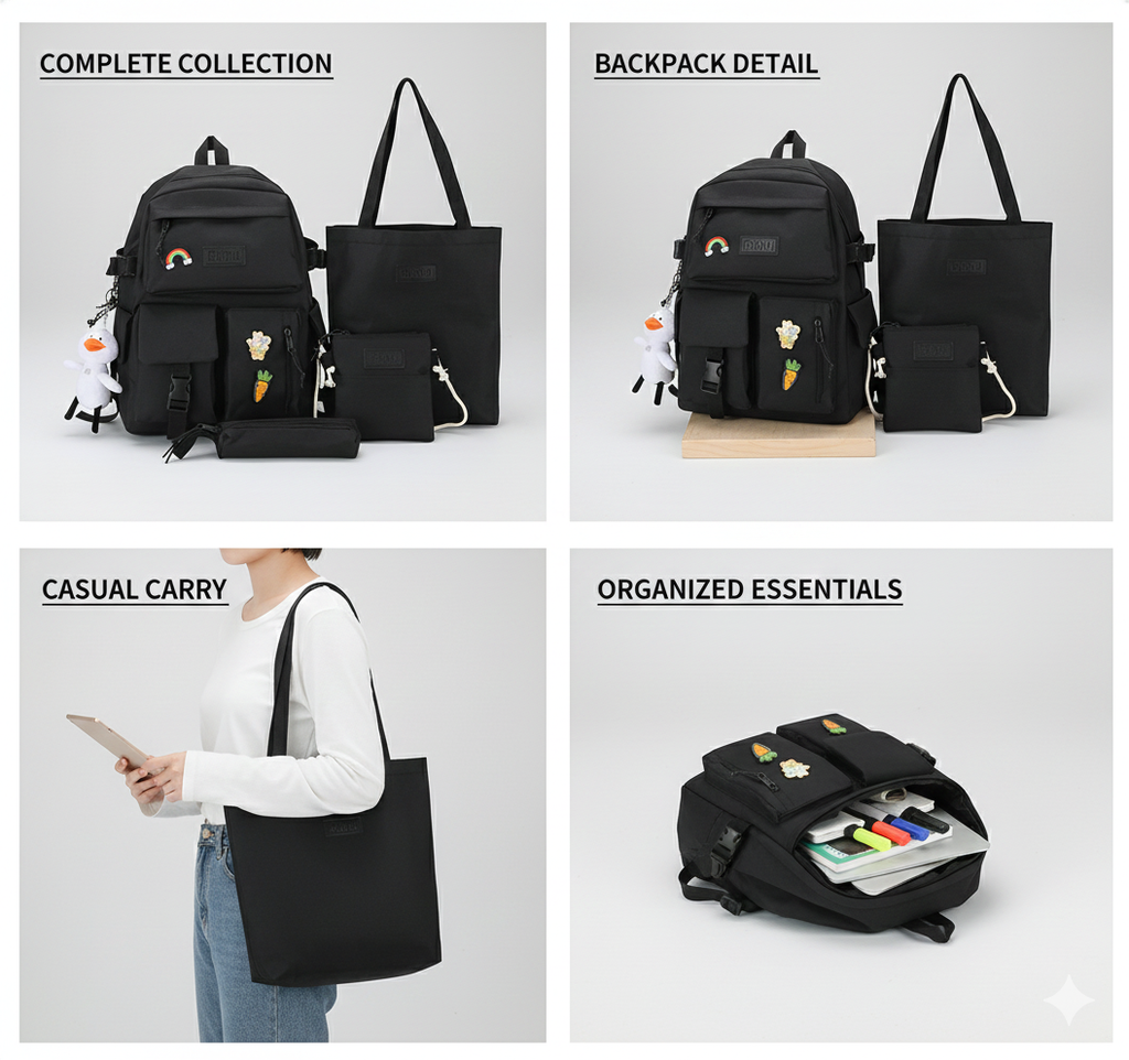 Plecak Szkolny Damski 4 w 1 – Model 2 Czarny