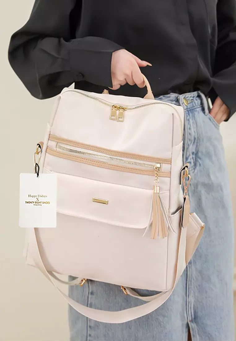 Plecak damski 2 w 1 – beżowy z brązowymi detalami