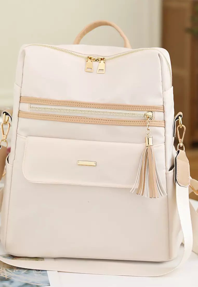 Plecak damski 2 w 1 – beżowy z brązowymi detalami